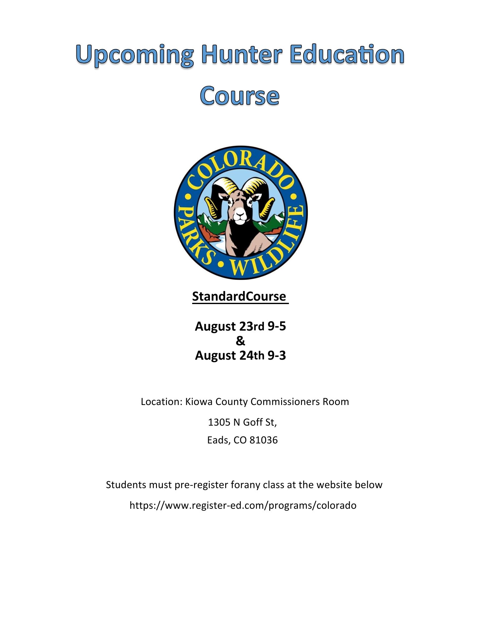 Upcoming Hunter Education Course Flyer